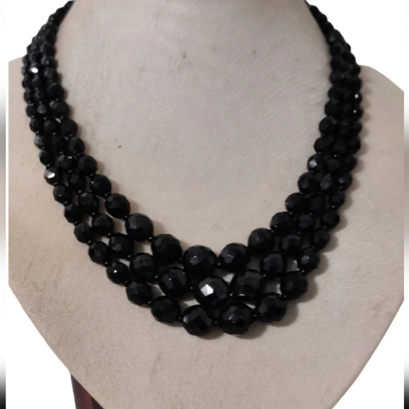 Vintage 60s Jet Black Crystal Graduated Triple Stand Necklace - Picture 5 of 13